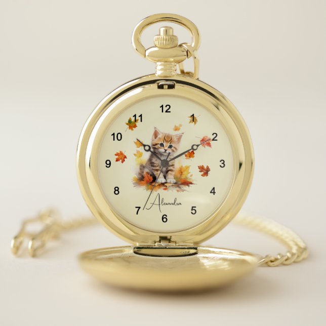 Cute Orange Tabby Kitten in Fall Leaves Pocket Watch (Inside)