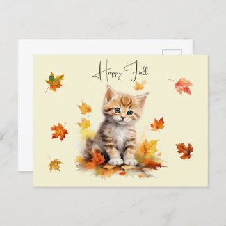Cute Orange Tabby Kitten in Fall Leaves