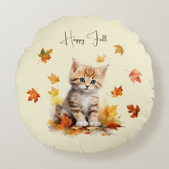 Cute Orange Tabby Kitten in Fall Leaves Round Pillow (Front)