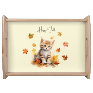 Cute Orange Tabby Kitten in Fall Leaves Serving Tray