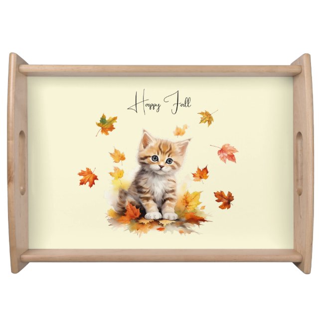 Cute Orange Tabby Kitten in Fall Leaves Serving Tray (Front)