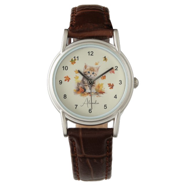 Cute Orange Tabby Kitten in Fall Leaves Watch (Front)