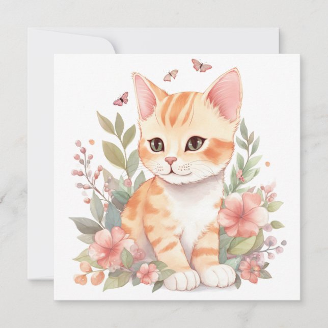 Cute Orange Tabby Kitten with Flowers Watercolor (Front)