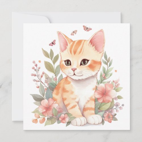 Cute Orange Tabby Kitten with Flowers Watercolor