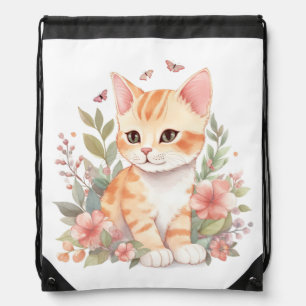 Cute Orange Tabby Kitten with Flowers Watercolor Drawstring Bag