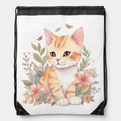 Cute Orange Tabby Kitten with Flowers Watercolor Drawstring Bag