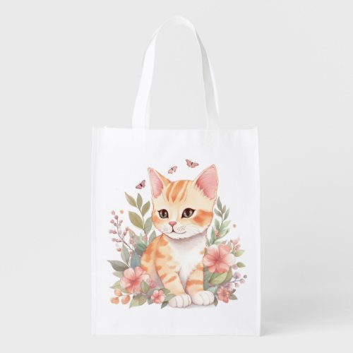 Cute Orange Tabby Kitten with Flowers Watercolor Grocery Bag
