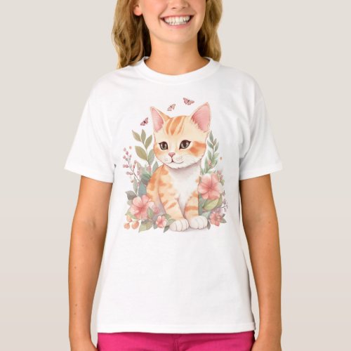 Cute Orange Tabby Kitten with Flowers Watercolor T_Shirt