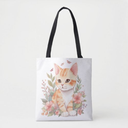 Cute Orange Tabby Kitten with Flowers Watercolor Tote Bag