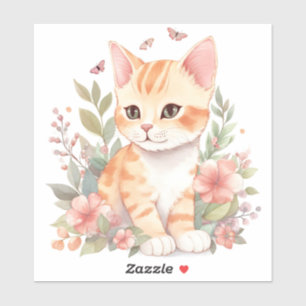 Cute Orange Tabby Kitten with Spring Flowers Sticker