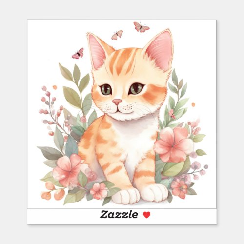Cute Orange Tabby Kitten with Spring Flowers Sticker