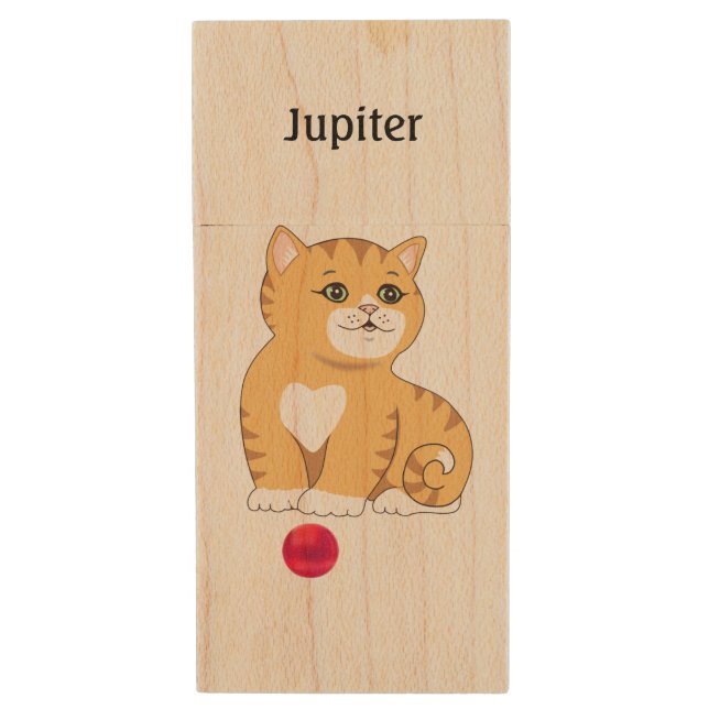 Cute Orange Tabby Kitty Cat Wood Flash Drive (Front Vertical)