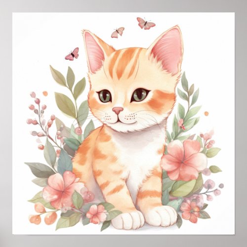 Cute Orange Tabby Kitty with Flowers Watercolor Poster