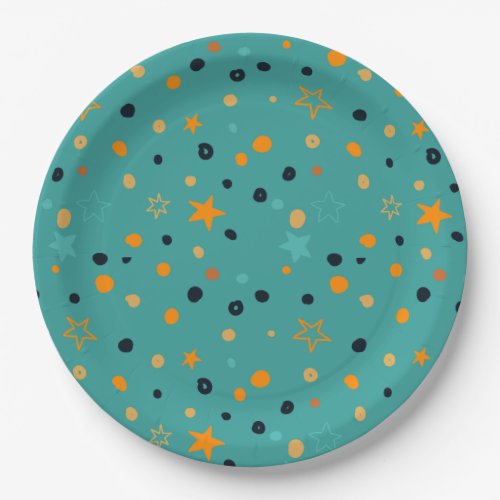 Cute Orange Teal Black Polka Dots Stars Kids Party Paper Plates