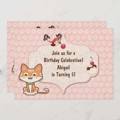 Cute Orange Tiger Kitty Cat and Flowers Birthday Invitation