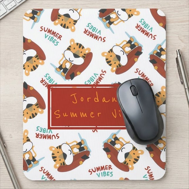 Cute Orange Tiger Pattern Custom Monogram Name Mouse Pad (Creator Uploaded)