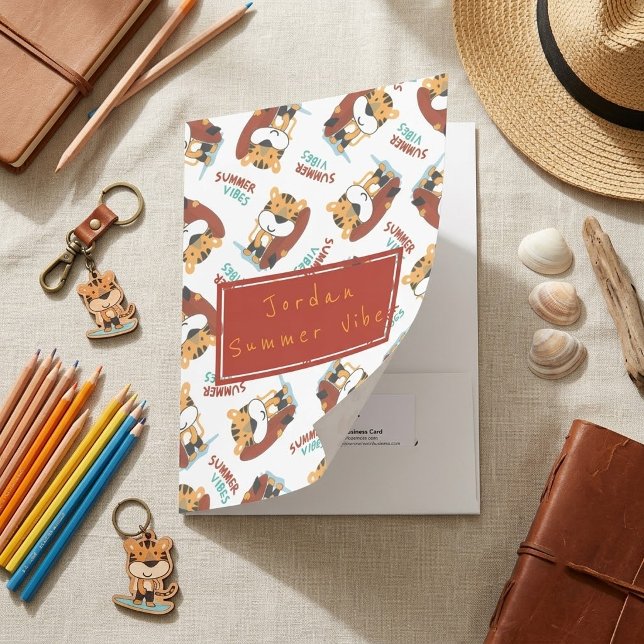 Cute Orange Tiger Pattern Custom Monogram Name Pocket Folder (Creator Uploaded)