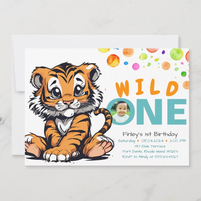 Cute Orange Tiger Wild One Birthday | Jungle Party Invitation (Front)