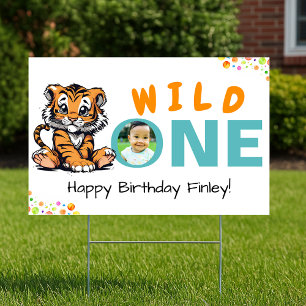 Cute Orange Tiger Wild One Birthday Jungle Safari Sign