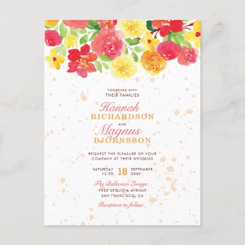 Cute Orange Watercolor Flowers Wonderful Wedding Invitation Postcard