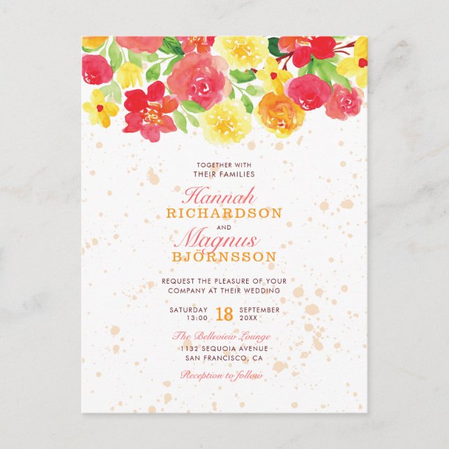 Cute Orange Watercolor Flowers Wonderful Wedding Invitation Postcard (Front)