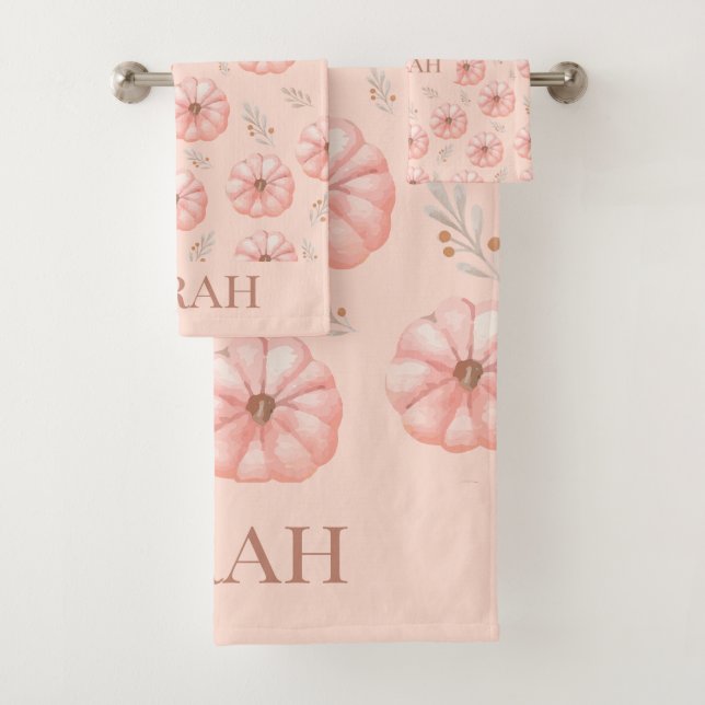 Cute Orange Watercolor Pumpkin Fall   Bath Towel Set (Insitu)