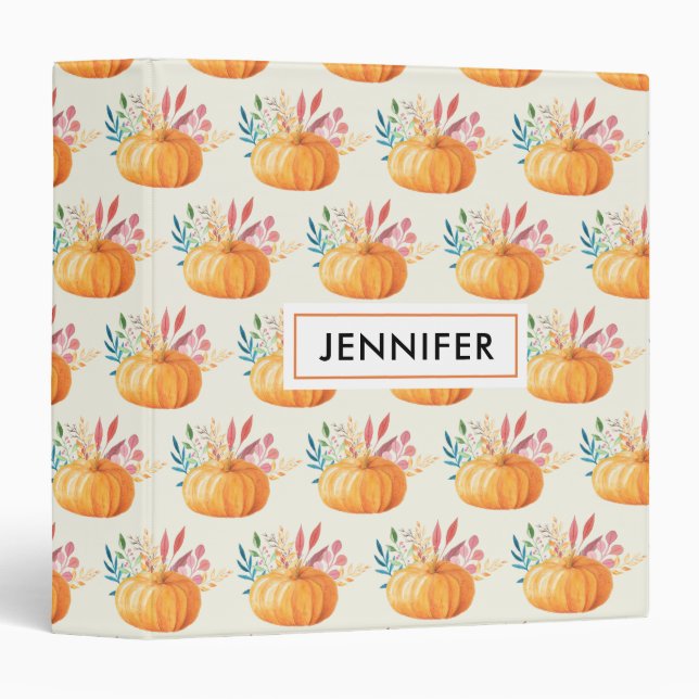 Cute Orange Watercolor Pumpkin Pattern 3 Ring Binder (Front/Spine)