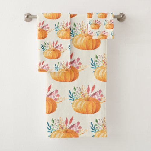 Cute Orange Watercolor Pumpkin Pattern Bath Towel Set