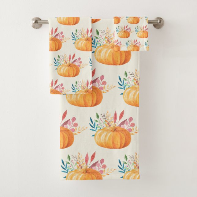 Cute Orange Watercolor Pumpkin Pattern Bath Towel Set (Insitu)