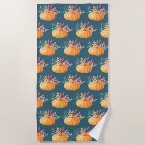 Cute Orange Watercolor Pumpkin Pattern Beach Towel