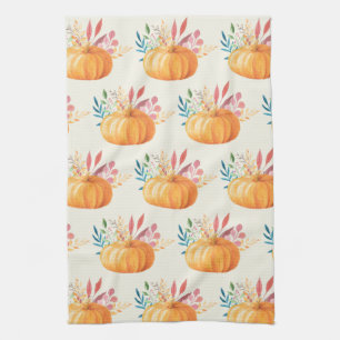 Cute Orange Watercolor Pumpkin Pattern Kitchen Towel