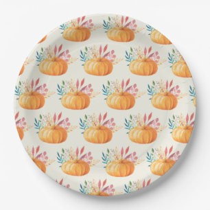 Cute Orange Watercolor Pumpkin Pattern Paper Plates