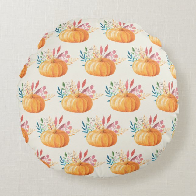 Cute Orange Watercolor Pumpkin Pattern Round Pillow (Front)