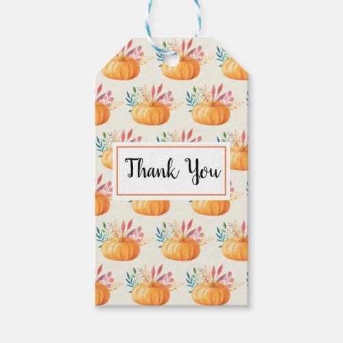 Cute Orange Watercolor Pumpkin Pattern Thank You Gift Tags