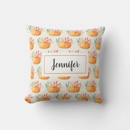 Cute Orange Watercolor Pumpkin Pattern Throw Pillow