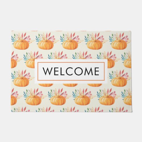 Cute Orange Watercolor Pumpkin Pattern Welcome Doormat