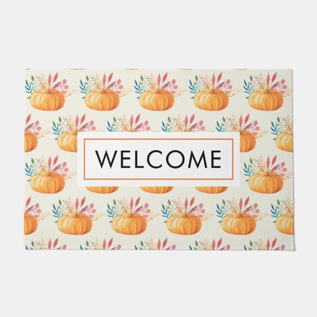 Cute Orange Watercolor Pumpkin Pattern Welcome Doormat (Front)