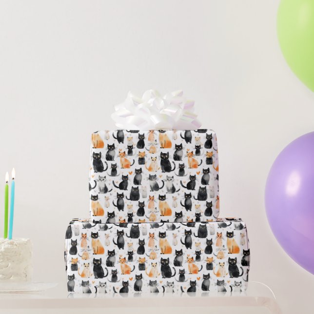 Cute Orange White Black Cats Birthday Wrapping Paper (Party Gifts)