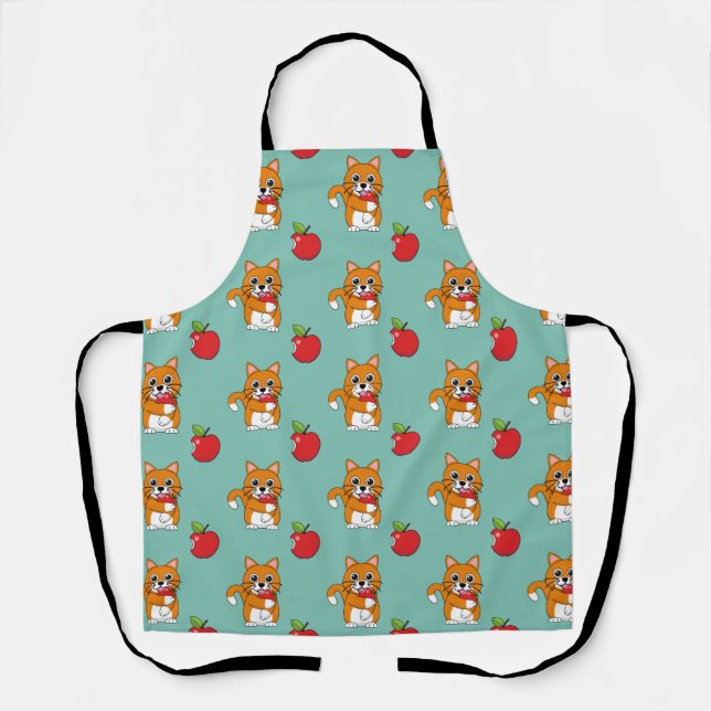Cute Orange White Cat Eating Red Apple Cartoon Apron (Front)