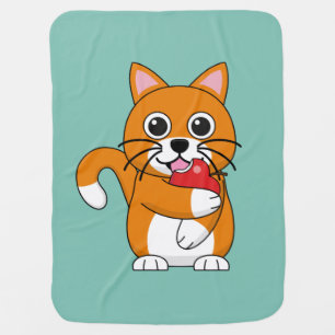 Cute Orange White Cat Eating Red Apple Cartoon Baby Blanket
