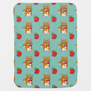 Cute Orange White Cat Eating Red Apple Cartoon Baby Blanket