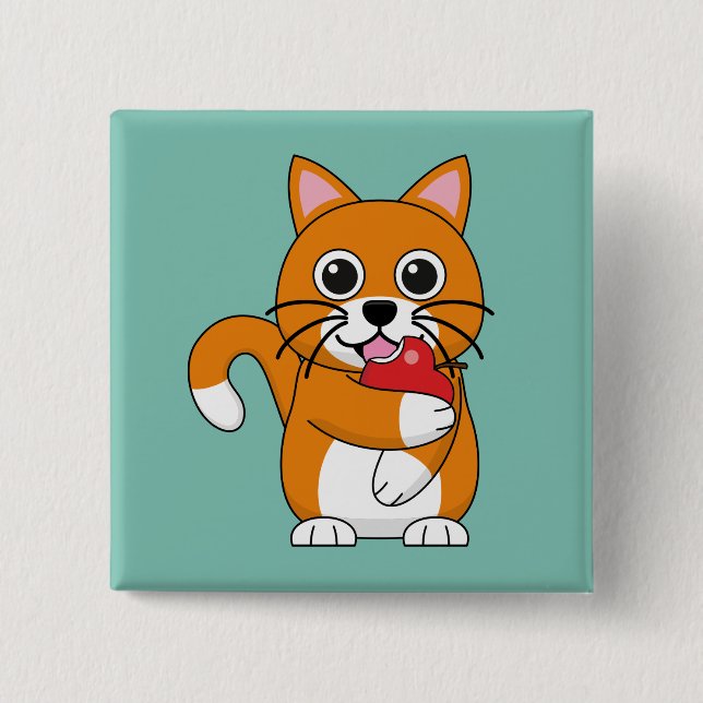 Cute Orange White Cat Eating Red Apple Cartoon Button (Front)