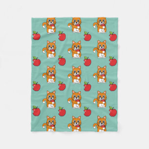 Cute Orange White Cat Eating Red Apple Cartoon Fleece Blanket