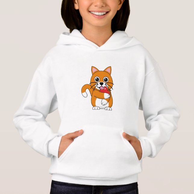 Cute Orange White Cat Eating Red Apple Cartoon Hoodie (Front)