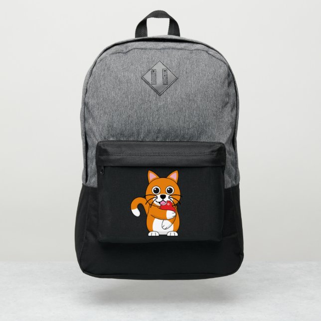 Cute Orange White Cat Eating Red Apple Cartoon Port Authority® Backpack (Front)