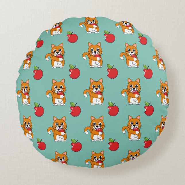 Cute Orange White Cat Eating Red Apple Cartoon Round Pillow (Front)