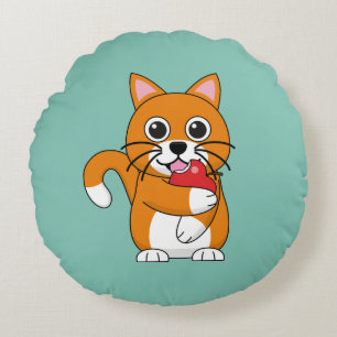 Cute Orange White Cat Eating Red Apple Cartoon Round Pillow