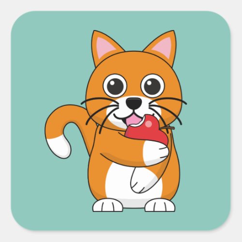 Cute Orange White Cat Eating Red Apple Cartoon Square Sticker