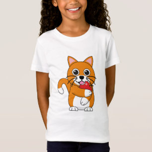 Cute Orange White Cat Eating Red Apple Cartoon T-Shirt