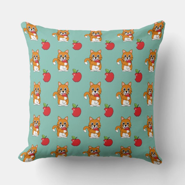 Cute Orange White Cat Eating Red Apple Cartoon Throw Pillow (Front)